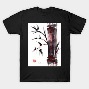 Crimson in the Mist - India ink bamboo wash painting T-Shirt